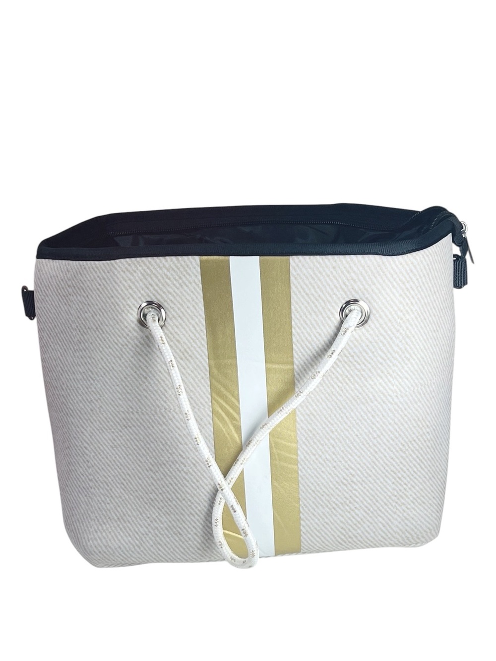 Solazul Neoprene Tan Bag and Matching Wristlet‎ with Gold and White Stripe Beach